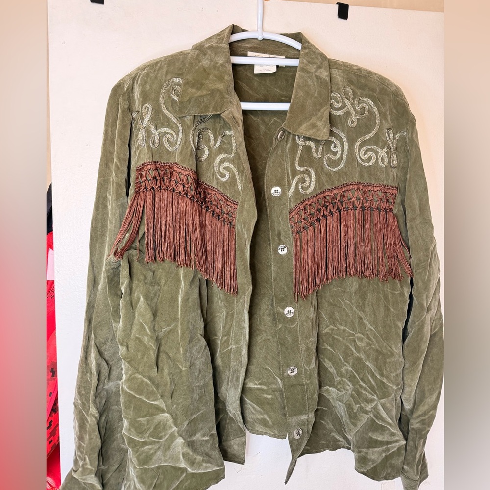 Caché Vintage Olive Fringe Western Blouse Medium Boho Embroidered USA - Picture 2 of 11
